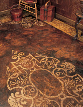 acid stained floor with modello stencil